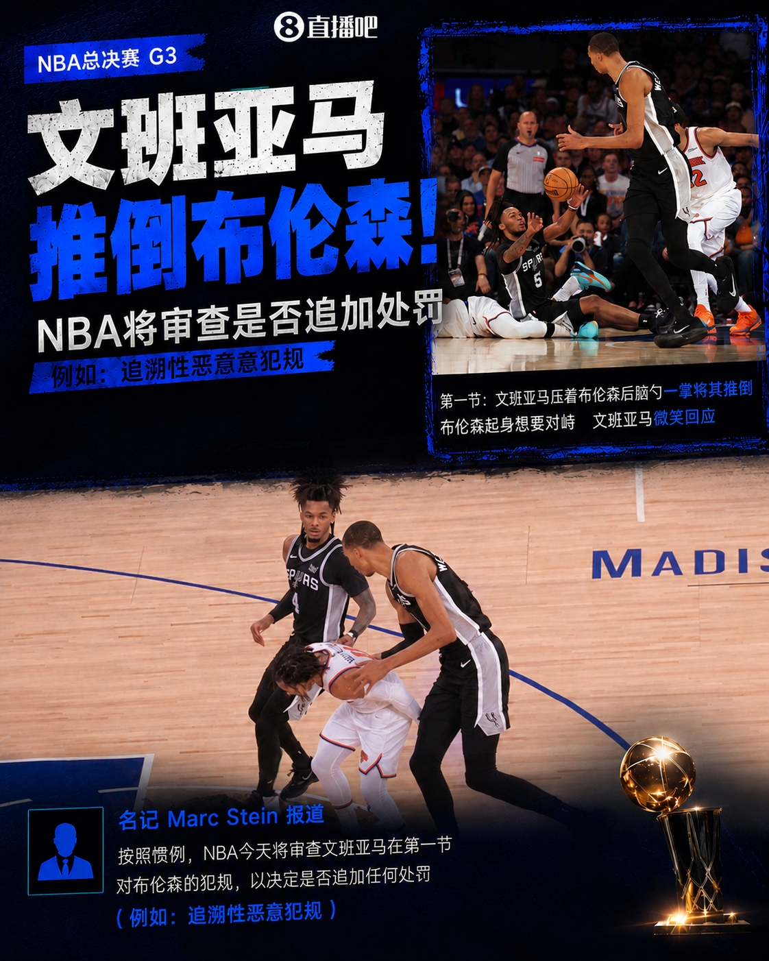 NBA审查文班亚马推倒布伦森动作，或追加恶意犯规